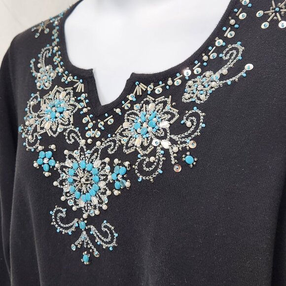 Quacker Factory Beaded Sweater Womens 2X Black Plus Rhinestone Stretch Top MM03X - Picture 2 of 8